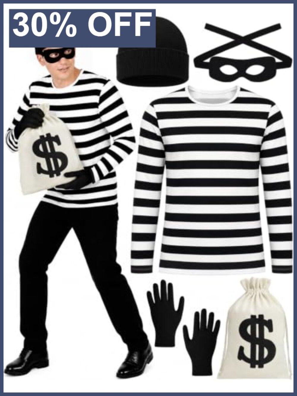 Burglar Robber Costume Men 5pc Set Halloween Thief Cosplay Jail